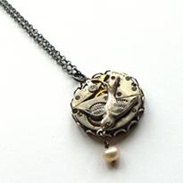 Steampunk swallow bird and pearl necklace - click to buy in my Etsy shop